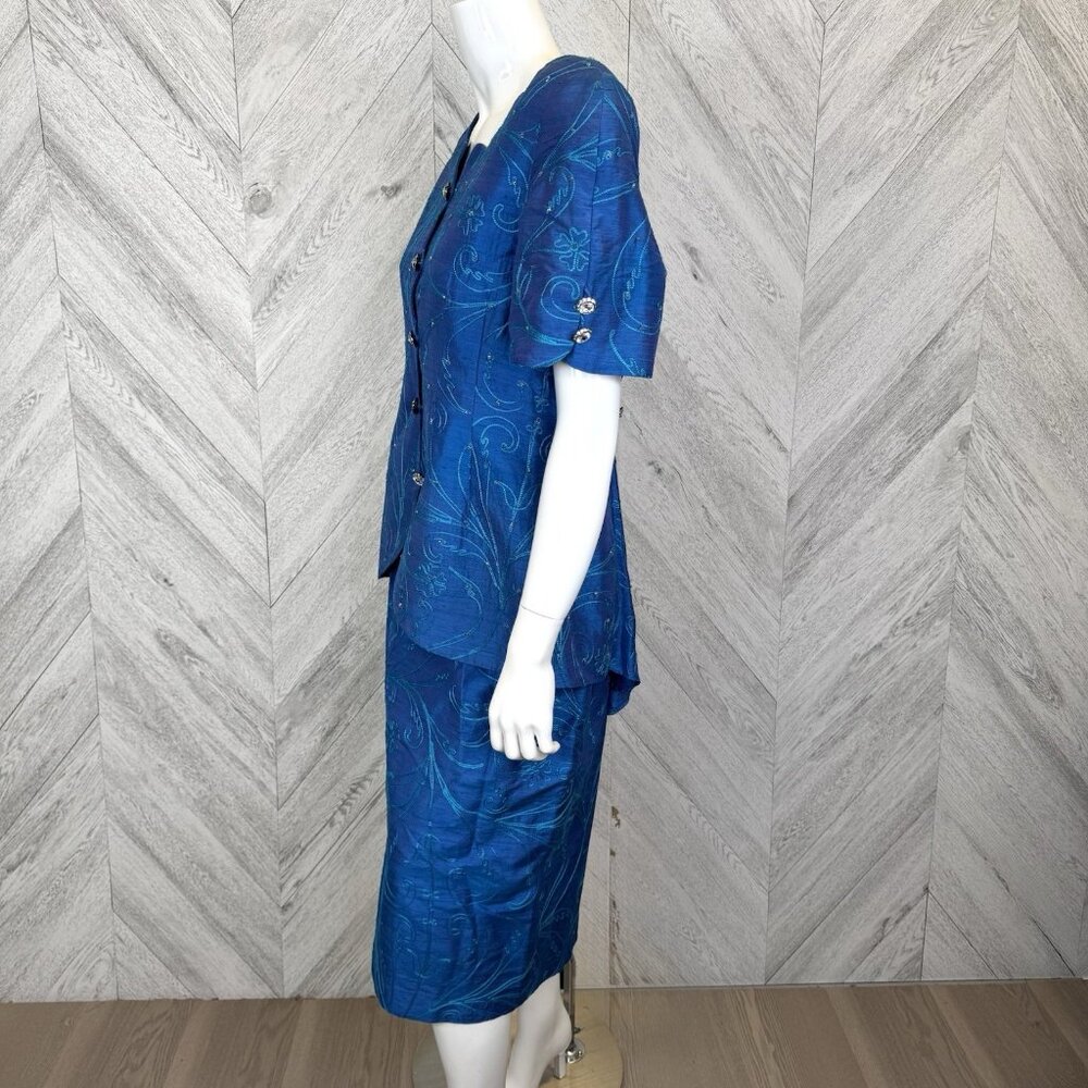 VTG 80s Skirt Suit Set Glam Power Cocktail Party Business Blue Rhinestone M/L - Picture 4 of 14